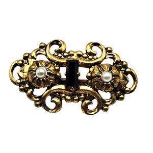 West Germany Rhinestone Brooch Collar Pin Red Baguette Faux Pearl Vintage Costum